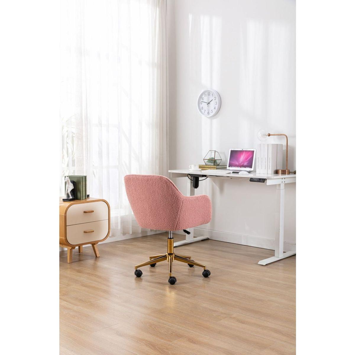 Modern Teddy Fabric Material Adjustable Height 360 Revolving Home Office Chair With Gold Metal Legs And Universal Wheel For Indoor,Pink