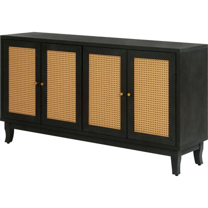 Handcrafted Premium Grain Panels,Rattan Sideboard Buffer Cabinet With 4 Rattan Doors, Modern Storage Cupboard Console Table with Adjustable Shelves for Living Room(Antique Dark Gray)
