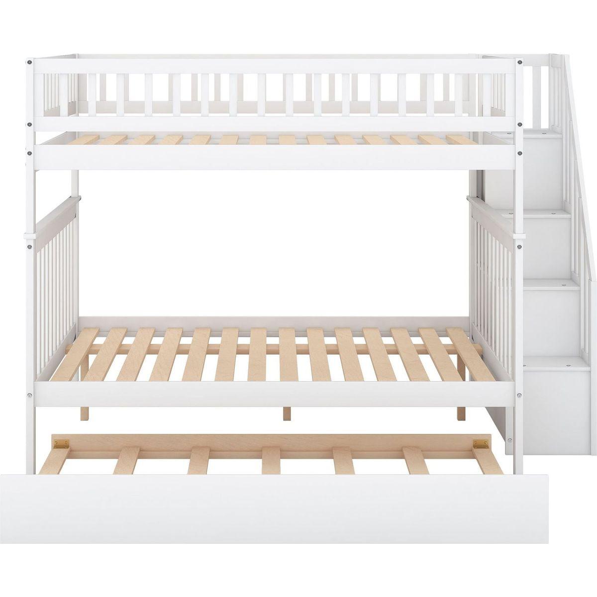 Full over Full Bunk Bed with Trundle and Staircase,White