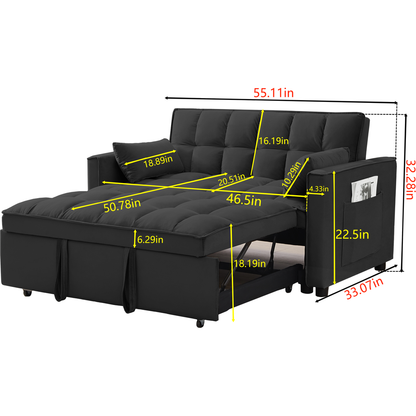 Modern Velvet Loveseat Futon Sofa Couch w/Pullout Bed,Small Love Seat Lounge Sofa w/Reclining Backrest,Toss Pillows, Pockets,Furniture for Living Room,3 in 1 Convertible Sleeper Sofa Bed, Black
