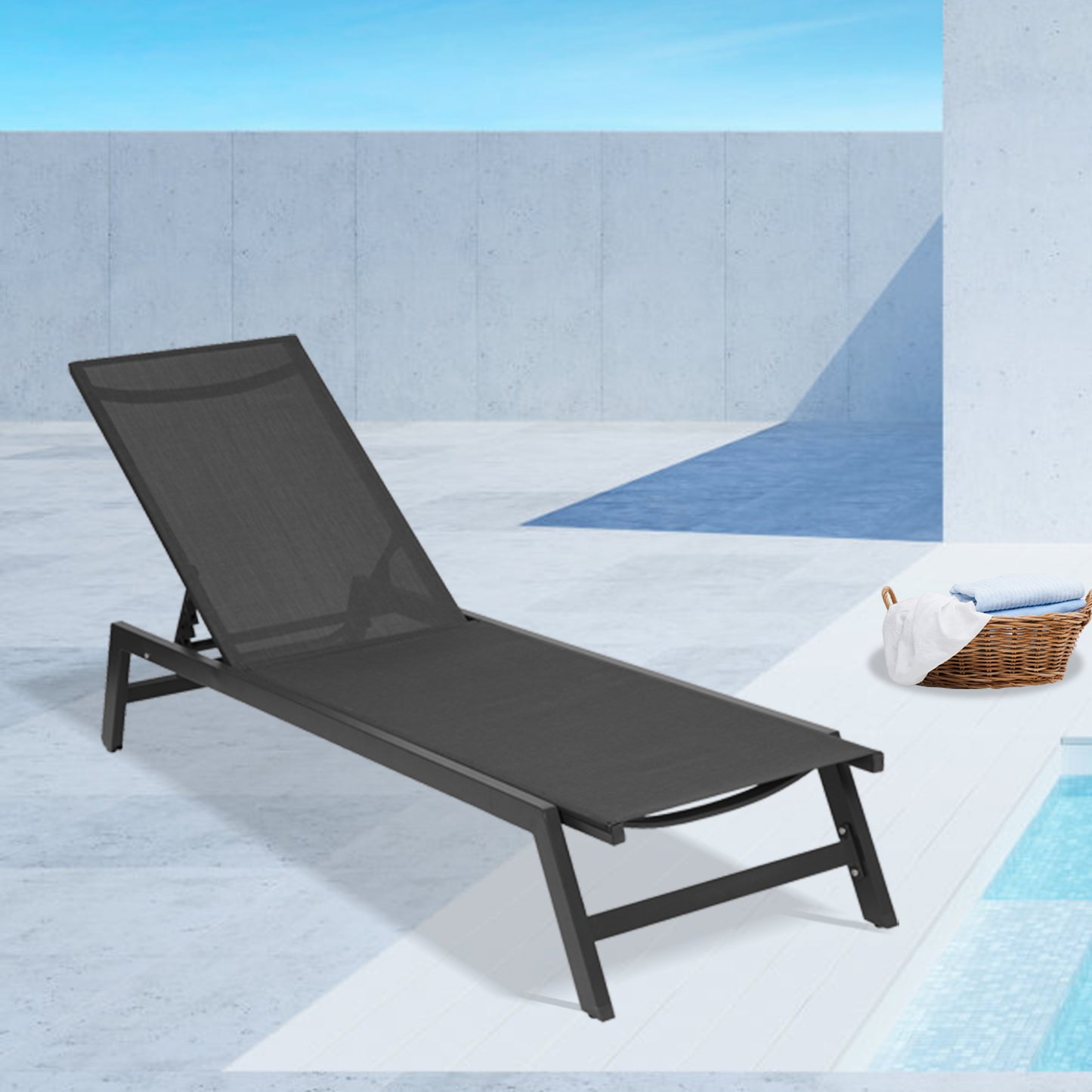 NEW Outdoor Chaise Lounge Chair,Five-Position Adjustable Aluminum Recliner,All Weather For Patio,Beach,Yard, Pool(Grey Frame/Black Fabric)