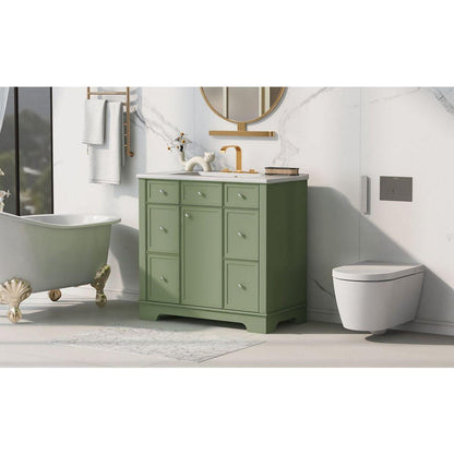 36" Bathroom Vanity with Sink, One Cabinet with Three drawers and One Flip Drawer, Solid Wood and MDF Board, Green