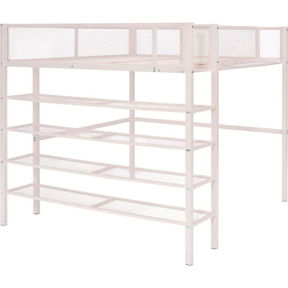 Full Size Metal Loft Bed with 4-Tier Shelves and Storage, Pink