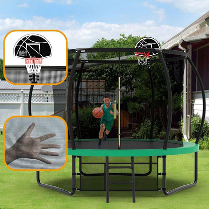 10FT Pumpkin Trampoline, Outdoor Trampoline with Basketball Hoop, Enclosure Net and Ladder