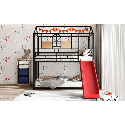 Twin Over Twin Metal Bunk Bed, Metal Housebed With Slide,Three Colors Available.(Black with Red Slide)