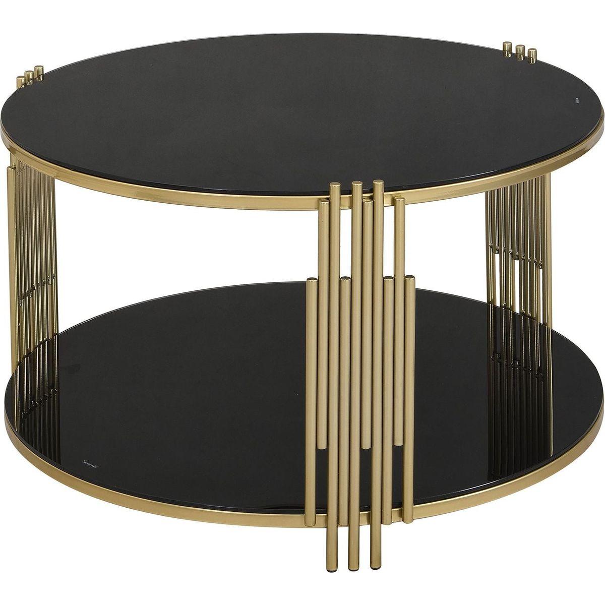 Modern Black Mirror Coffee Table, Asymmetrical Metal, Circular Metal Drum Base, Gold Finish & Lower Shelf