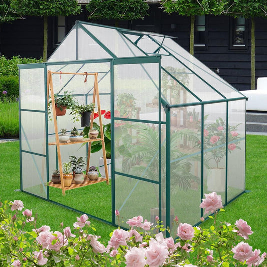 8X6FT-Green Double Door Polycarbonate Greenhouse Raised Base and Anchor Aluminum Heavy Duty Walk-in Greenhouses for Outdoor Backyard in All Season