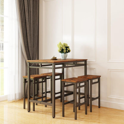 Bar table set 5PC Dinging table set with high stools, structural strengthening, industrial style. Rustic Brown, 43.31" L x 23.62" W x 35.43" H.