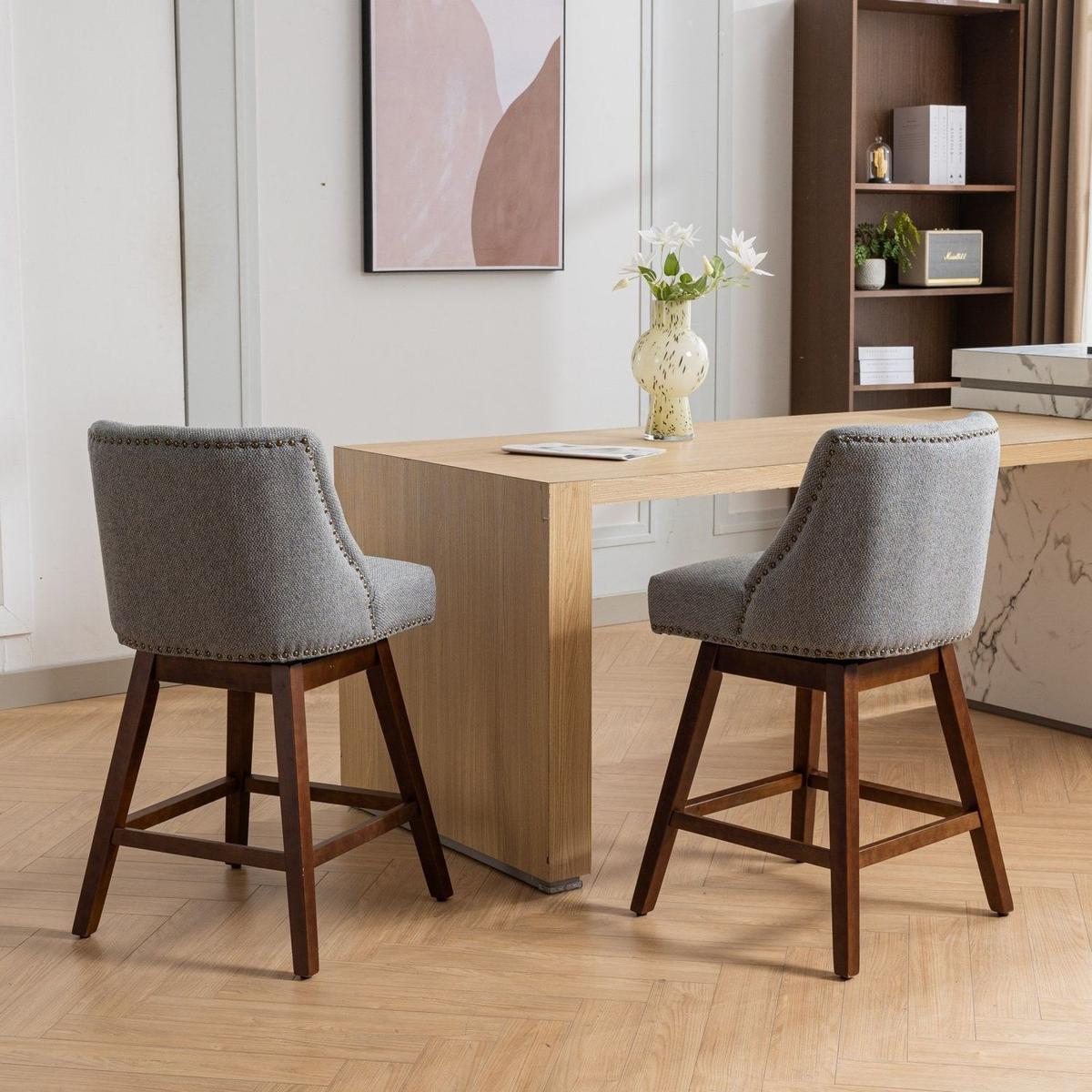 Counter Height Swivel Barstools, 26" H Seat Height Upholstered Bar Stools Set of 2, Fabric in Gray - Streamdale Furniture
