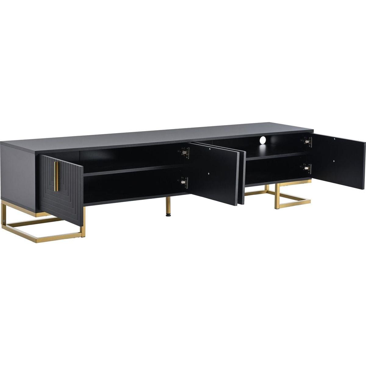 Modern TV Stand with Metal Legs and Gold Handles for TVs Up to 80", Media Console Table with Cabinets and Adjustable Shelves, Luxury TV Cabinet with Geometric Lines for Living Room, Black