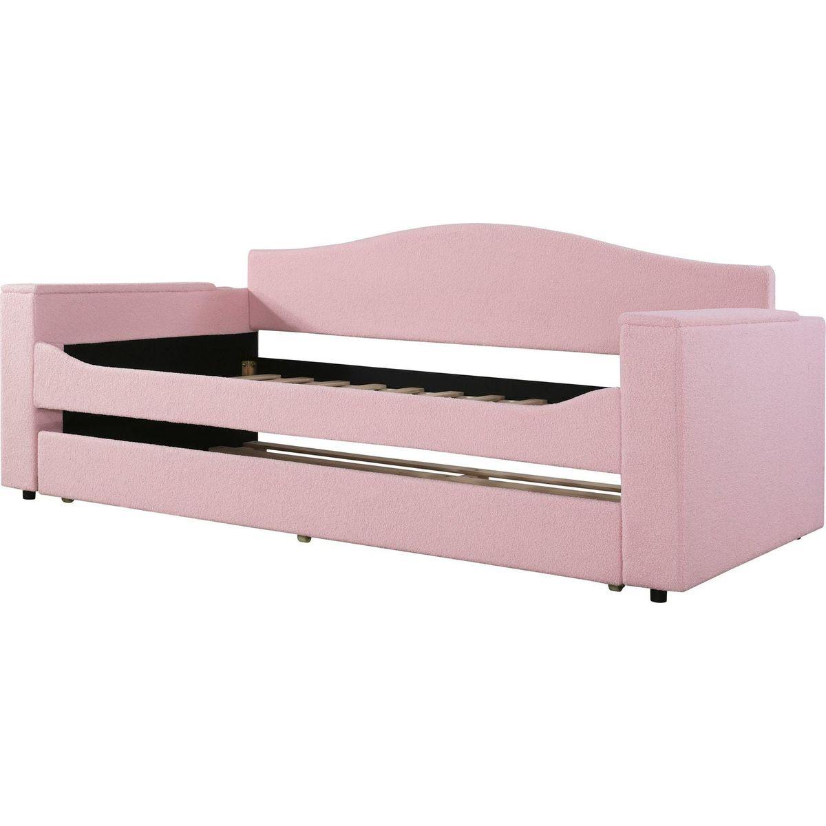 Twin Size Upholstered Daybed with Storage Armrests, Trundle and Latest Integrated Bluetooth Audio System, Teddy Fleece, Pink