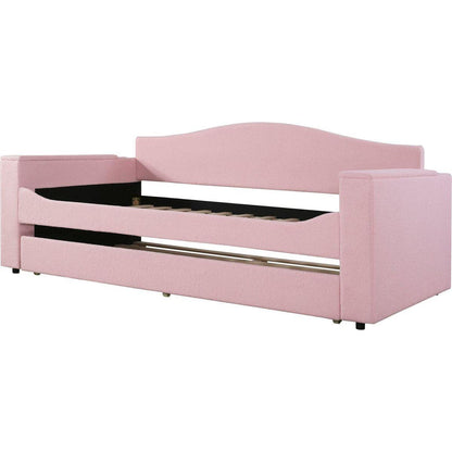 Twin Size Upholstered Daybed with Storage Armrests, Trundle and Latest Integrated Bluetooth Audio System, Teddy Fleece, Pink