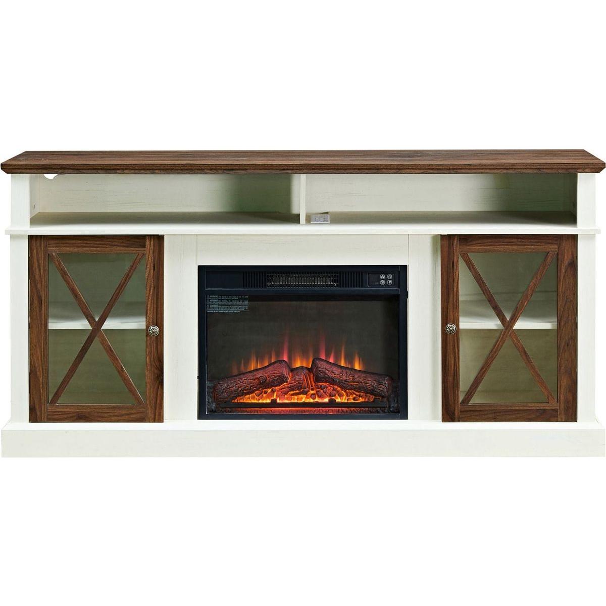 LED Farmhouse Style TV Stand with 23-inch Fireplace for 65/70/75-inch TVs with Outlets, Tall Media Entertainment Center Console, Adjustable Storage Shelves and Glass Door Cabinets