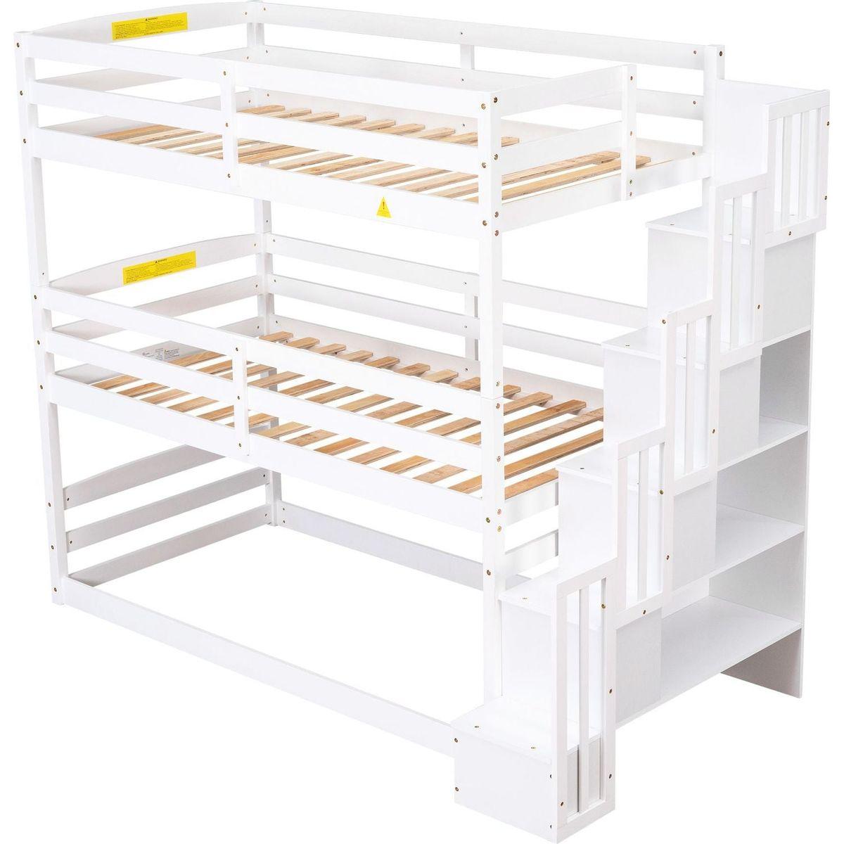 Twin Size Triple Bunk Bed with Storage Staircase,Separate Design,White