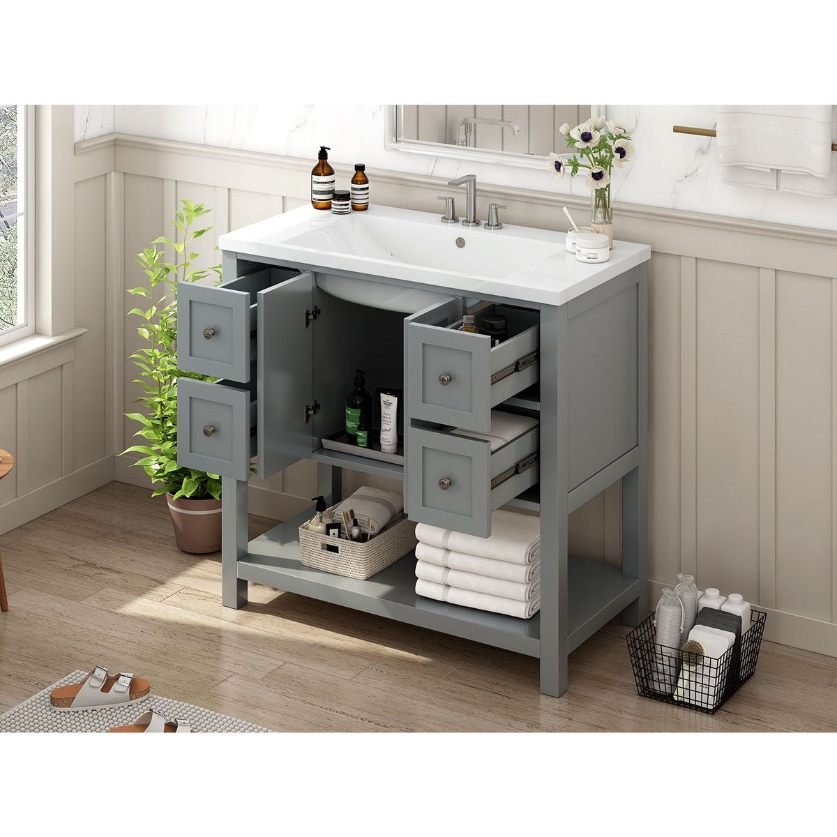 36" Bathroom Vanity with Undermount Sink,Free Standing Vanity Set with 4 Drawers& Soft Closing Doors,Solid Wood Frame Bathroom Storage Cabinet