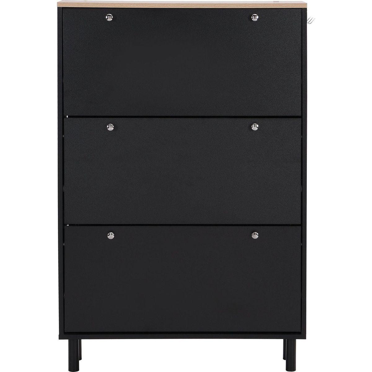 Narrow Design Shoe Cabinet with 3 Flip Drawers, Wood Grain Pattern Top Entryway Organizer with 3 Hooks, Free Standing Shoe Rack with Adjustable Panel for Hallway, Black
