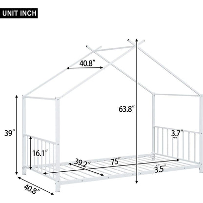 Twin Size Metal House Platform Bed, White