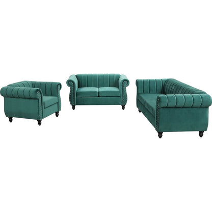 Modern three-piece sofa set with solid wood legs, buttoned tufted backrest, frosted velvet upholstered sofa set including three-seater sofa, double seater and living room furniture set Single chair