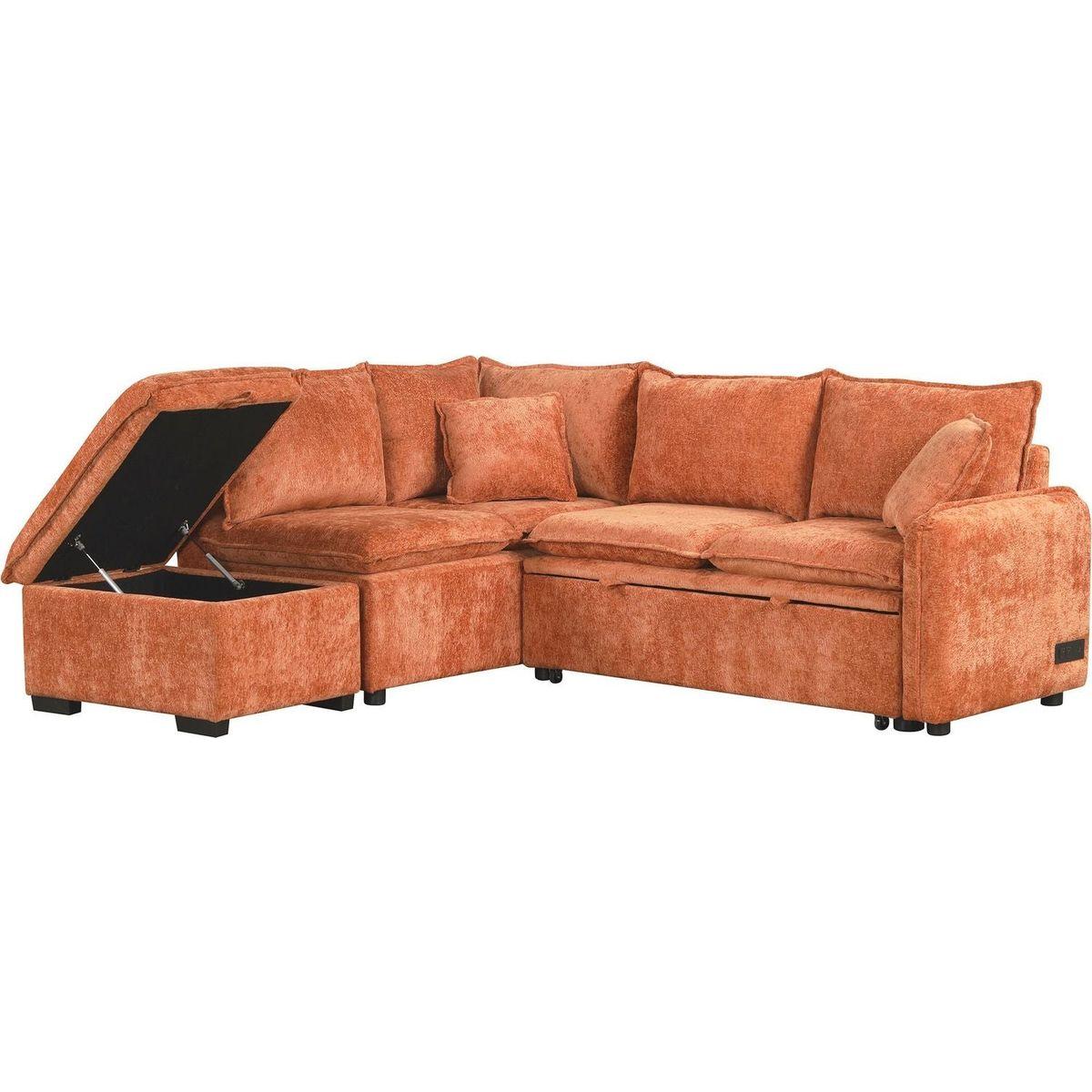 82.67"Convertible Sofa Bed Sectional Sofa Sleeper L-shaped Sofa with a Storage Ottoman,Two Pillows, Two Power Sockets and Two USB Ports for Living Room, Orange