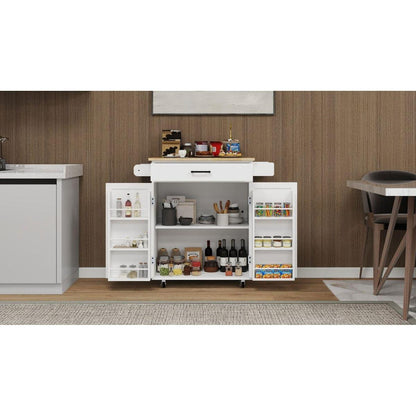 Kitchen island rolling trolley cart with 1 drawer & 2 doors with storage racks & Adjustable Shelves & towel rack & seasoning rack rubber wood table top-White - Streamdale Furniture