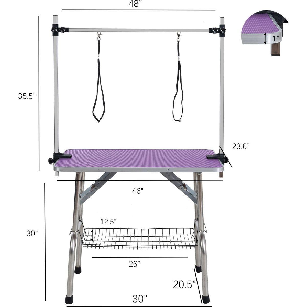 46" Folding Dog Pet Grooming Table Stainless Steel Frame Rubber Mat on Board with Adjustable Arm and Clamps pet dog Cat Grooming Table (PURPLE COLOR)