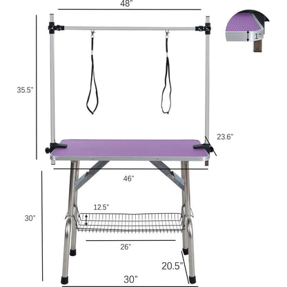 46" Folding Dog Pet Grooming Table Stainless Steel Frame Rubber Mat on Board with Adjustable Arm and Clamps pet dog Cat Grooming Table (PURPLE COLOR)