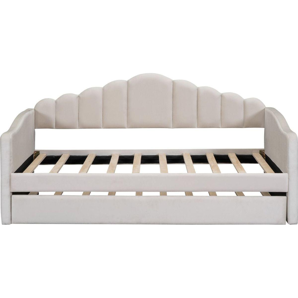 Twin size Upholstered Daybed with Trundle, Velvet Sofabed with USB Charging Ports,No Box-spring Needed,Beige
