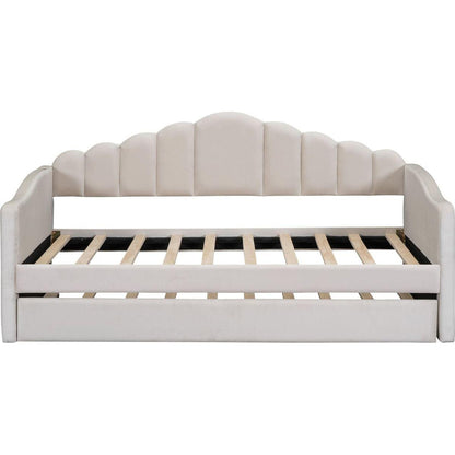 Twin size Upholstered Daybed with Trundle, Velvet Sofabed with USB Charging Ports,No Box-spring Needed,Beige