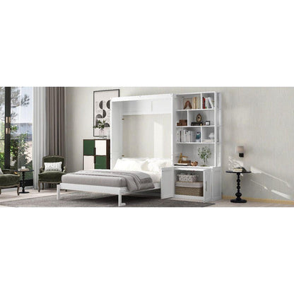 Full Size Murphy Bed with Multiple Storage Shelves and A Cabinet, White