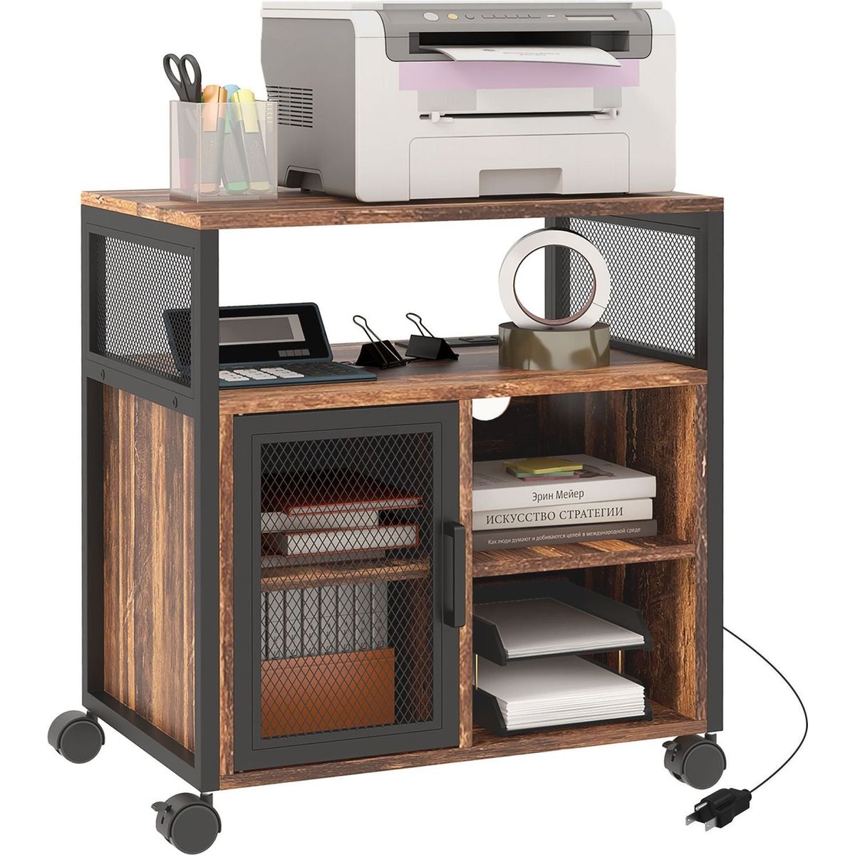 Vinsetto Mobile Printer Stand with Socket & USB Ports, Rustic Brown