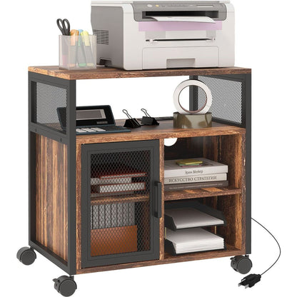 Vinsetto Mobile Printer Stand with Socket & USB Ports, Rustic Brown