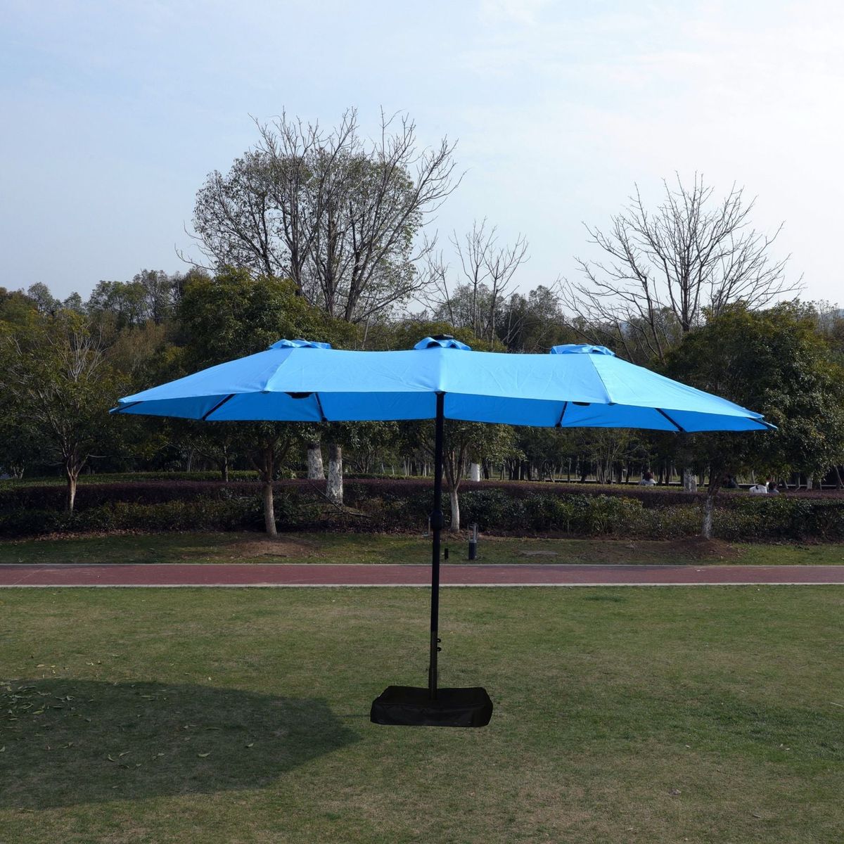 15x9ft Large Double-Sided Rectangular Outdoor Twin Patio Market Umbrella with light and base- blue