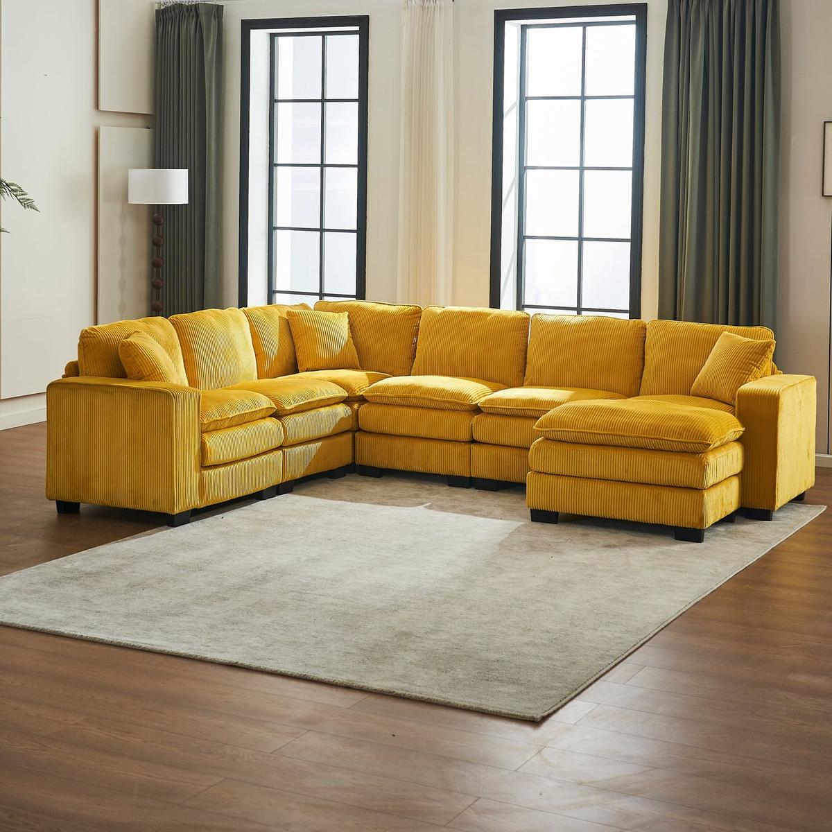 Modern U Shaped 6-seat Sectional Sofa Couch with one Ottoman and three toss pillows, Modular Sofa for Living Room,Corduroy sofa