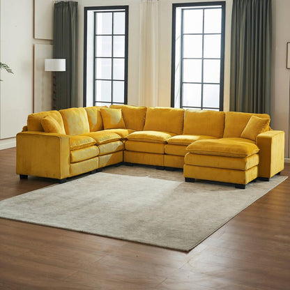 Modern U Shaped 6-seat Sectional Sofa Couch with one Ottoman and three toss pillows, Modular Sofa for Living Room,Corduroy sofa