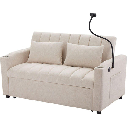 55.9" Convertible Sofa Bed Loveseat Sofa with Three USB Ports, Two Side Pockets, Two Cup Holders and 360Swivel Phone Holder for Living Room, Beige