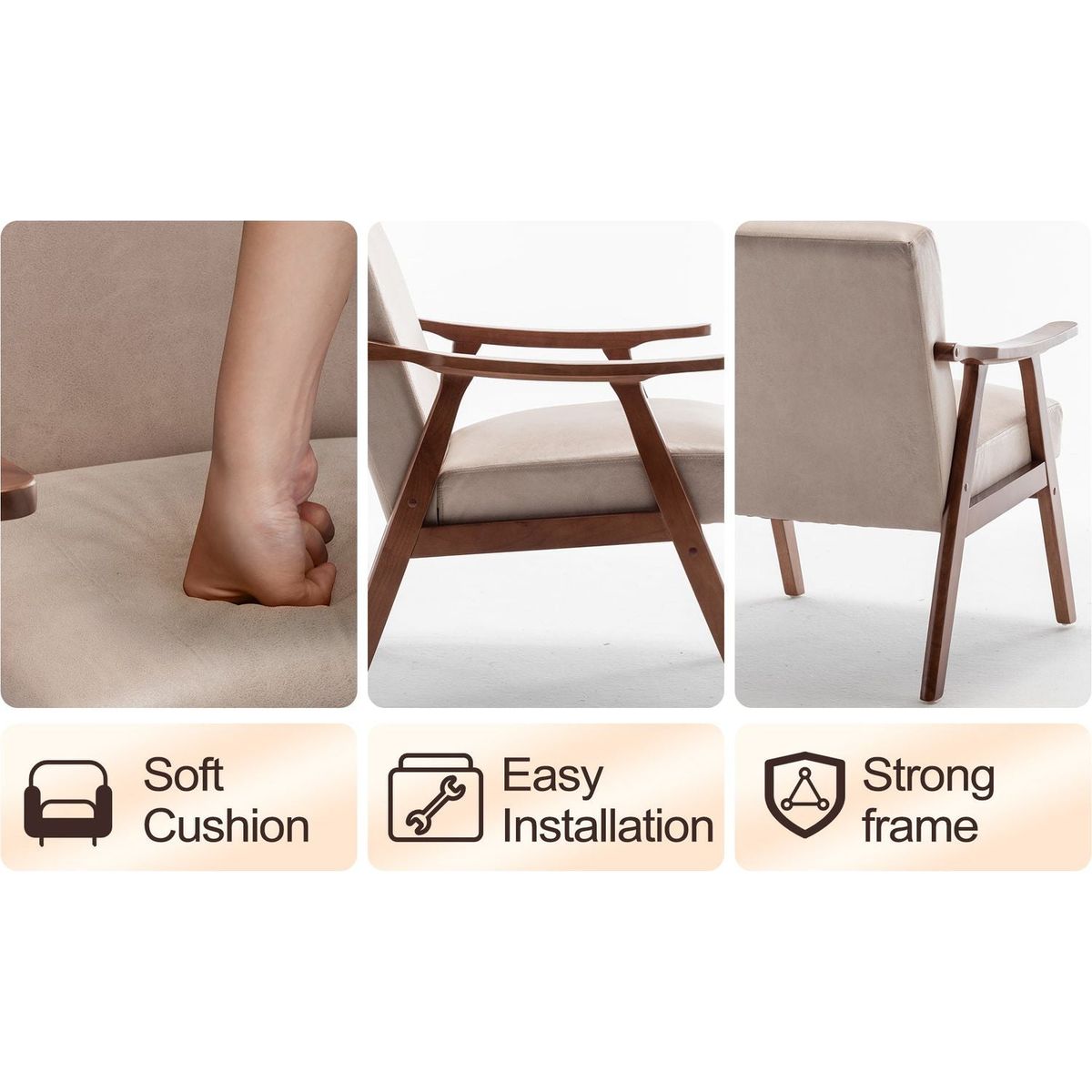 Mid-Century Modern Chair, Living Room Chair with Solid Wood Frame, Accent Chair Extra-Thick Backrest, Wingback Chair for Bedroom, Reading Room, Living Room, Lounge Chair Indoor