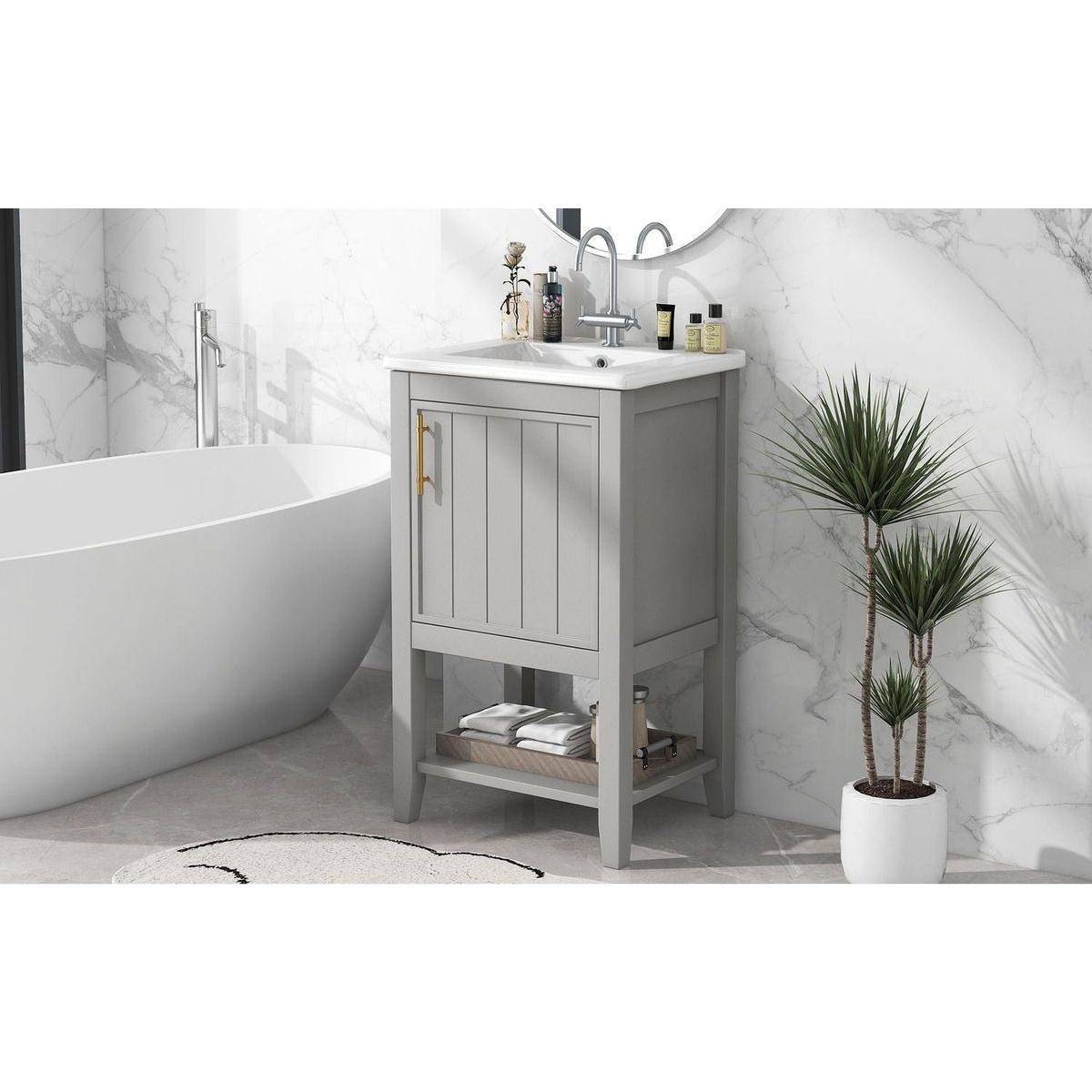 20" Bathroom Vanity with Sink, Bathroom Cabinet with Soft Closing Door, Storage Rack and Open Shelf, Grey