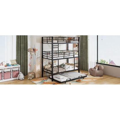 Metal Twin Size Triple Bunk Bed With Trundle, Black