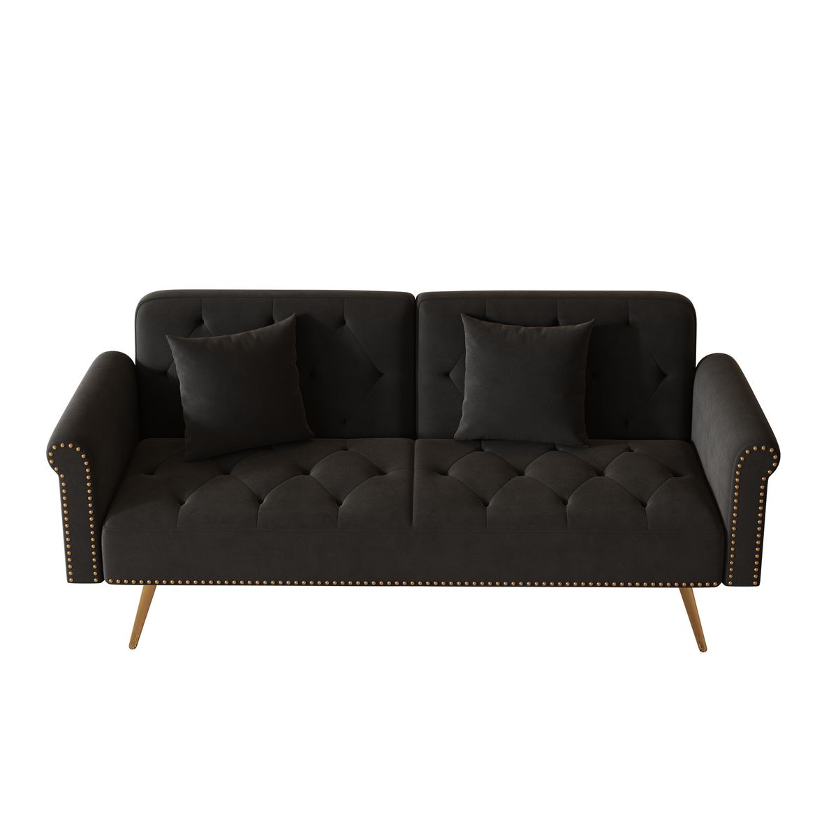 Elegant Sofa Bed with Nail Head Trim in Black Velvet and Matching Pillow, 69.7 Inches