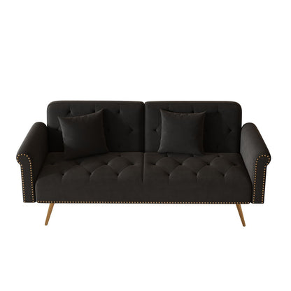 Elegant Sofa Bed with Nail Head Trim in Black Velvet and Matching Pillow, 69.7 Inches