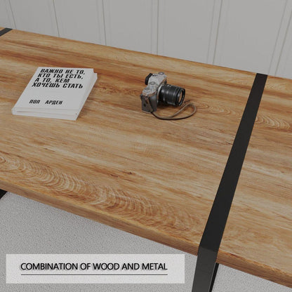 59 "rural industrial rectangular MDF natural wood dining table, 4-6 people, 1.5" thick engineering wood tabletop and black rectangular metal legs, used for writing desks, kitchens, terraces