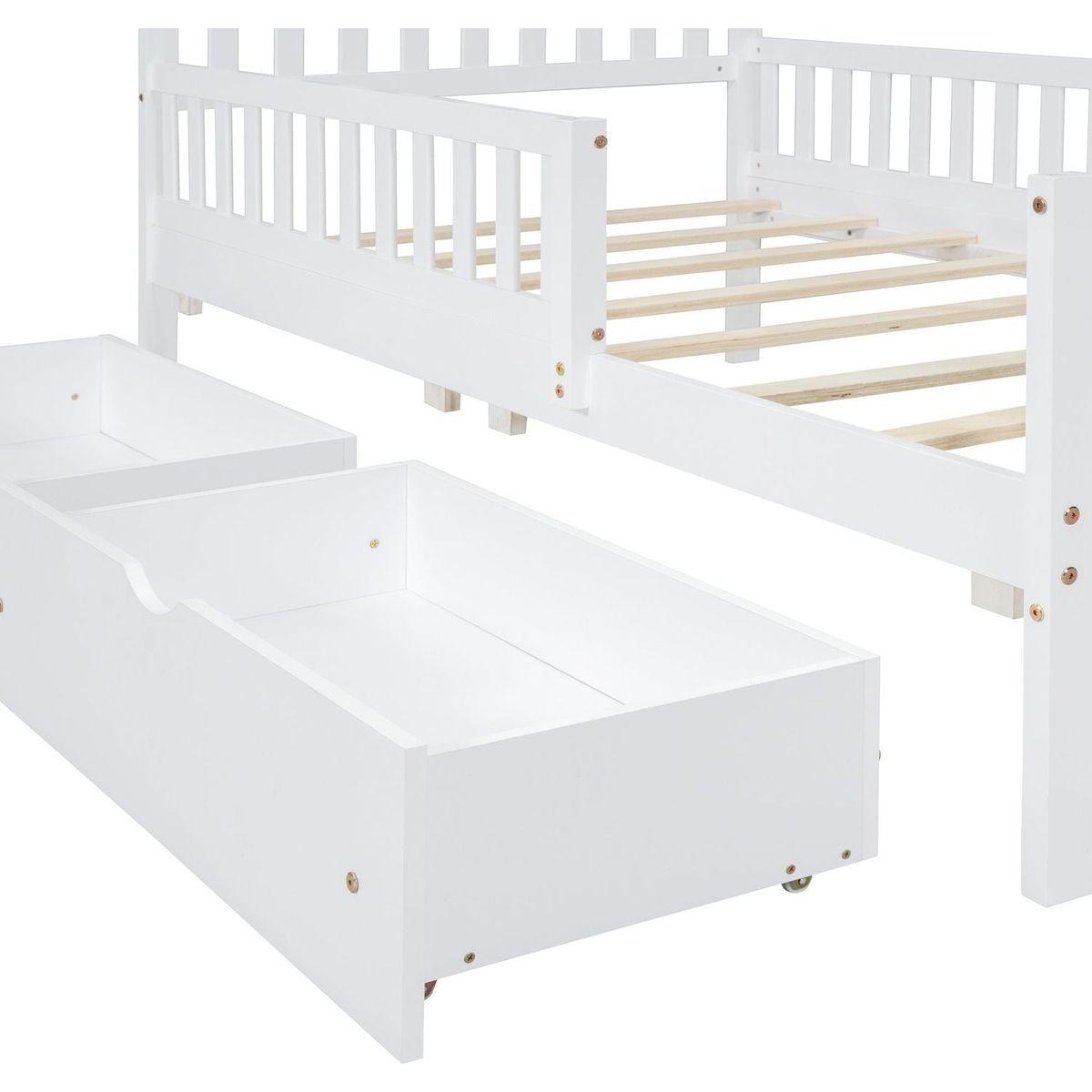 Twin Size Wood Platform Bed with Guardrails on Both Sides and Two Storage Drawers, White