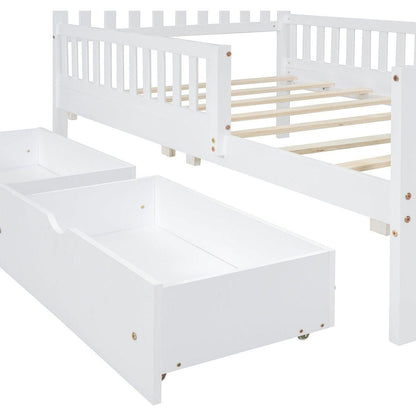 Twin Size Wood Platform Bed with Guardrails on Both Sides and Two Storage Drawers, White