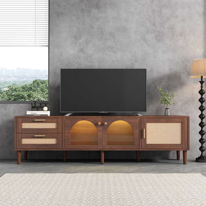 Rattan TV Stand with 3 Cabinets & 2 Drawers, Rattan-inspired Media Console Table for TVs up to 80", LED Light Entertainment Center, TV cabinet for Living room, Bedroom, Home Theatre - Streamdale Furniture