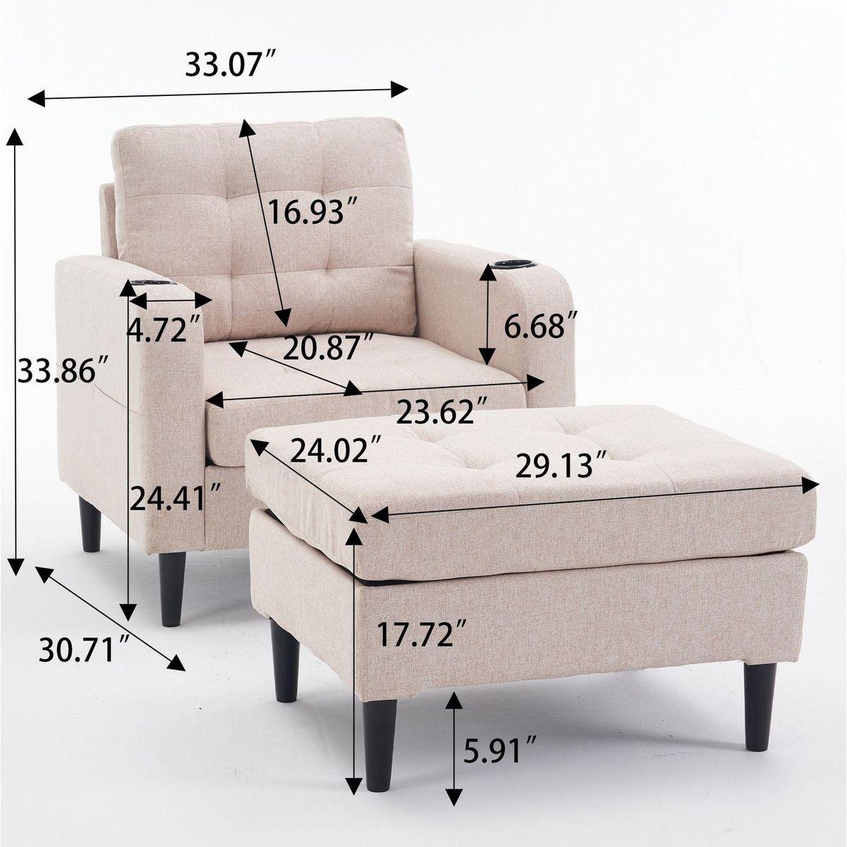 Beige Upholstered Armchair and Storage Ottoman Set - Comfortable Single Sofa with Cup Holders and Tufted Detailing, Ideal for Living Room or Bedroom