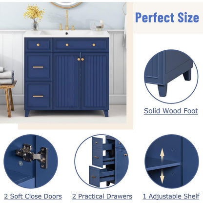 36-inch Bathroom Vanity, Transitional Style Bathroom Cabinet with Resin Sink, Navy Blue Single Bathroom Cabinet, with 2 Drawers and 1 Adjustable Storage Shelf, 2 Soft-close Doors