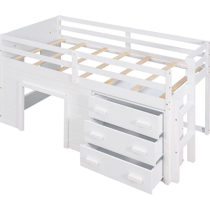 Twin Size Loft Bed with Cabinet and Shelf - White