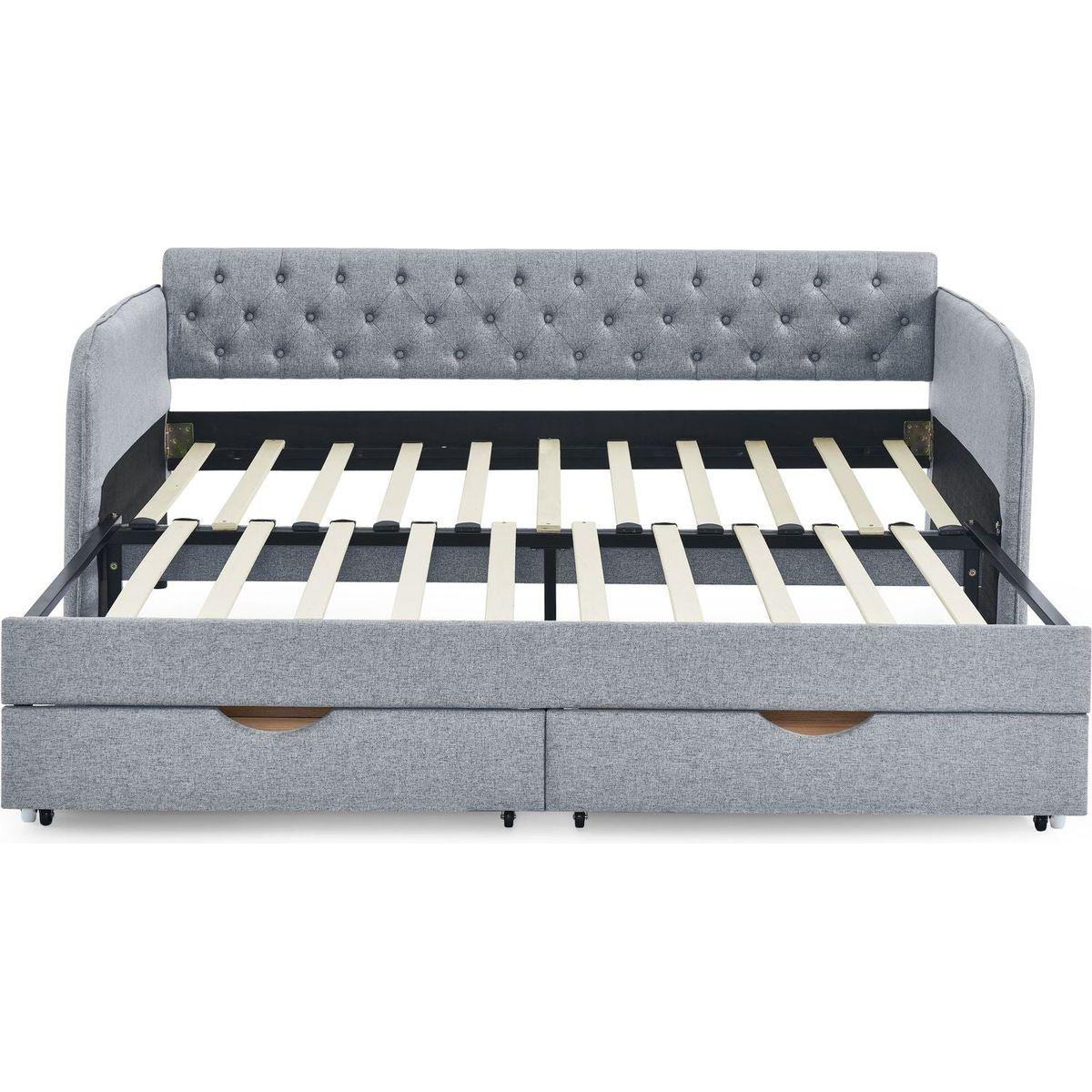 Twin Size Upholstery Daybed with Trundle Bed and Two Storage Drawers , Flat Arms with Pocket, Extendable Daybed for Bedroom Living Room,Linen Grey