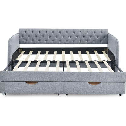 Twin Size Upholstery Daybed with Trundle Bed and Two Storage Drawers , Flat Arms with Pocket, Extendable Daybed for Bedroom Living Room,Linen Grey
