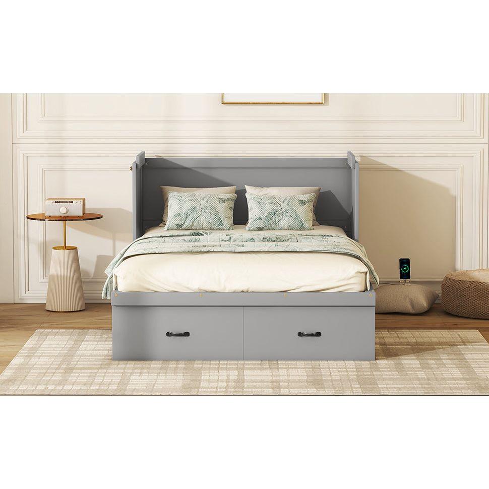 Full Size Murphy Bed with USB Port and a Large Drawer, Gray